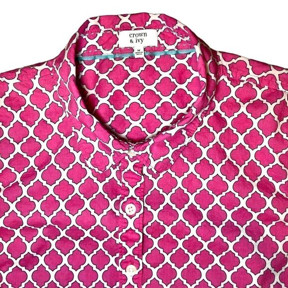 Crown & Ivy Tailored Quatrefoil Button Down in Pink/White/Black Women’s M - Picture 2 of 6
